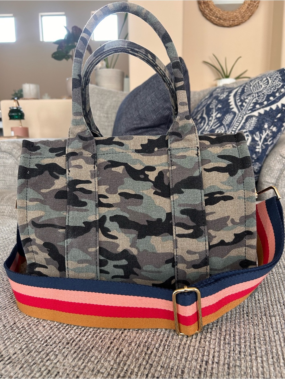 Camo Canvas Tote with Striped Adjustable Strap - Women
